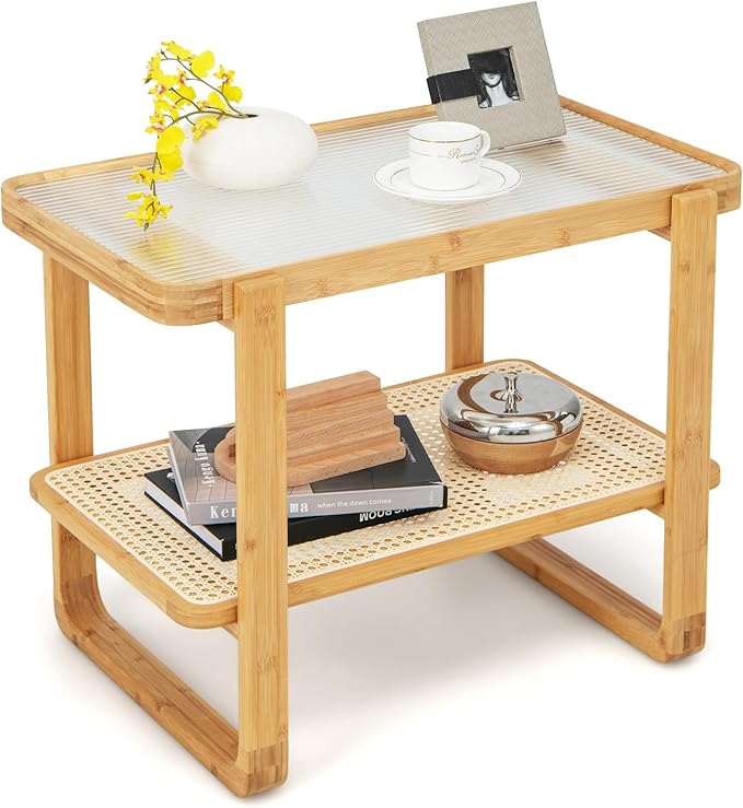 GOFLAME Bamboo Side Table with Glass Top, 2-Tier End Table with PE Rattan Storage Shelf, Home Sofa Side Table, Nightstand Bedside Table, Compact Coffee Table, Accent Table for Bedroom Living Room