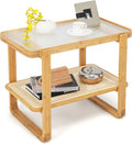 GOFLAME Bamboo Side Table with Glass Top, 2-Tier End Table with PE Rattan Storage Shelf, Home Sofa Side Table, Nightstand Bedside Table, Compact Coffee Table, Accent Table for Bedroom Living Room