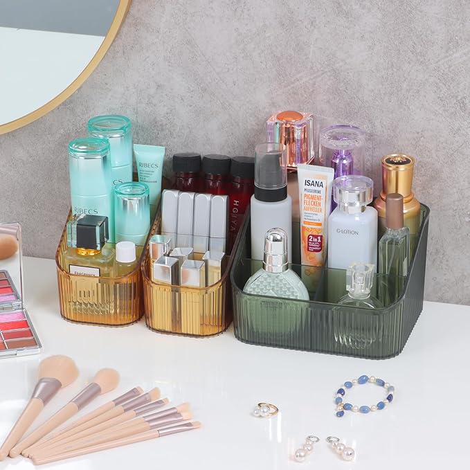 Amber Makeup Organizer, Makeup Brush Holder 8 Cups for Vanity, Bathroom Countertop Organizer, Dresser Cups for Cosmetic Display, Skincare Cups, Perfume Stand, Toiletry