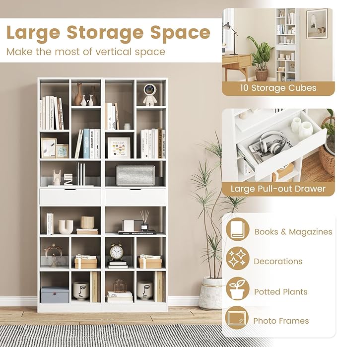 Giantex 71" Bookcase with Drawer Set of 2, Tall Freestanding Bookshelf with 10 Open Cubes, Floor Display Shelving Unit, Modern Storage Organizer for Living Room, Bedroom, Study, White