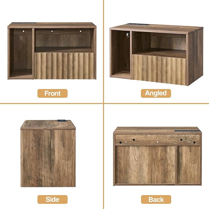 Modern Rustic Brown Fluted Floating Nightstand with Charging Station, NightStand with Drawers, Bedside with USB Ports and Outlets, Bedroom Furniture (Left)