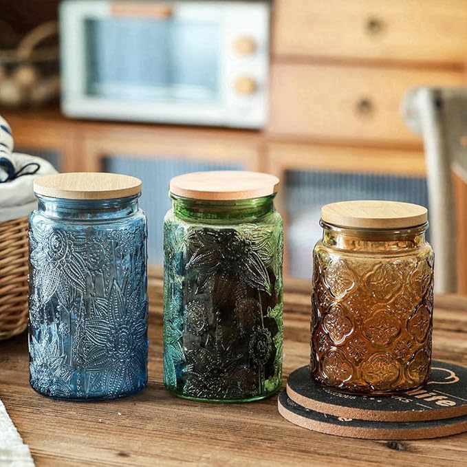 ANSQU Green Glass Canister Jars, 34oz Candy Jars with Lids, Vintage Colored Mason Jars for Kitchen Decorative Jar for Coffee Tea Candy Cookies, Cute Jar (Green, 2 Pack)