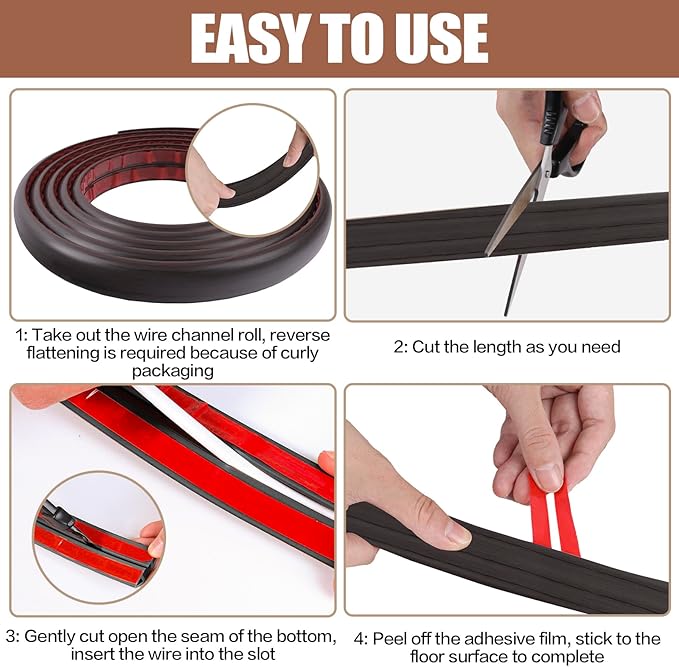 Floor Cord Cover Self Adhesive Cord Hider,3.3FT Cable Management, Extension Strip Protector for Wires, Prevent Cable Trips for Offices, Gyms, Exhibitions Cavity:0.51"(W) x 0.3"(H) Black Wood