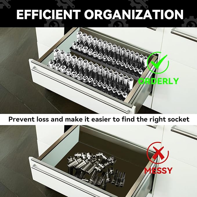 6PCS Socket Organizer Tray Set, Red SAE & Black Metric Socket Storage Trays, 1/4-Inch, 3/8-Inch & 1/2-Inch Drive Deep and Shallow Socket Holders for Toolboxes
