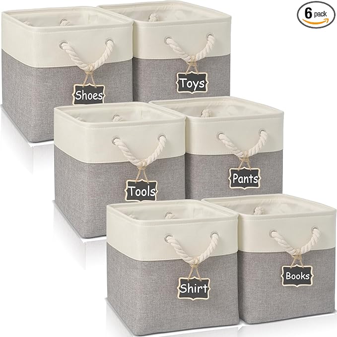 13x13x13 Storage Cubes Bins[6 Pack],Cube Storage Organizer Bins with Rope Handles, Eco-Friendly Linen Collapsible Organizers for Closet, Nursery, Toys, Office, Bathroom–Dual Color Design.(White&Grey)