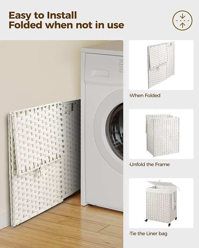 Greenstell Laundry Hamper with Wheels, No Install Needed, 90L Divided Handwoven Hampers & 2 Removable Liner Bags, Rattan Clothes Laundry Basket with Lid & Handles, Foldable Hampers White