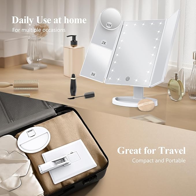 HUONUL Makeup Mirror Vanity with Lights, 2X 3X 10X Magnification, Touch Control, Trifold Mirror, Dual Power Supply, Gifts for Women, Wife, Mom, Teengirls(White)