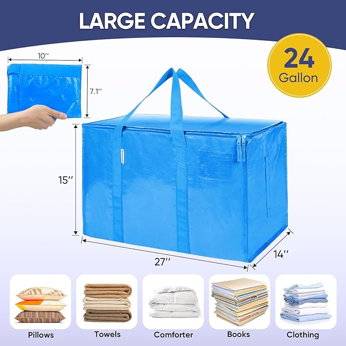 TICONN 8 Pack Extra Large Moving Bags with Zippers & Carrying Handles, Heavy-Duty Storage Tote Moving Boxes for Space Saving (8 Pack, Sky Blue)