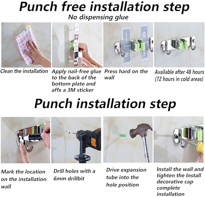 DGSL 2 PCS Broom Holder Wall Mount with 3 Racks 4 Hooks, Stainless Steel Wall Mounted Organizer Mop and Broom Storage Tool Rack for Home Kitchen Garden