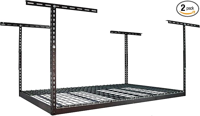 MonsterRax Overhead Garage Storage Racks 4x6 (2-Pack) Ceiling Mounted Shelving, Adjustable Hanging Storage Organizer, Heavy Duty Steel, Holds 500 Pounds, Hammertone, Adjusts 12"-21” off Ceiling