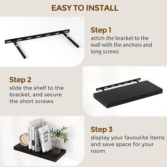 Fun Memories 40 Inch Floating Shelves Black, 40" W x 9.3" D Floating Shelf Set of 2, Farmhouse Wood Wall Shelves for Bedroom, Kitchen, Wall Mounted Deep Shelving for Home Decor