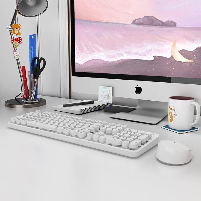 Wireless Keyboard Mouse Combo, 104 Keys Cute White Keyboard with Number Pad & Mouse for Windows, Computer, PC, Notebook, Laptop (White)