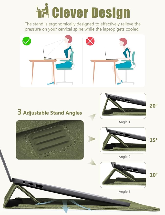 HYZUO 13.3-14 Inch Laptop Sleeve Case Bag with Adjustable Stand for MacBook Pro 14 M5/M4/M3/M2/M1 Pro/Max 2026-2021, MacBook Air/Pro 13.3, 13.8-13.5 Surface Laptop, with Pouch, Olive Green