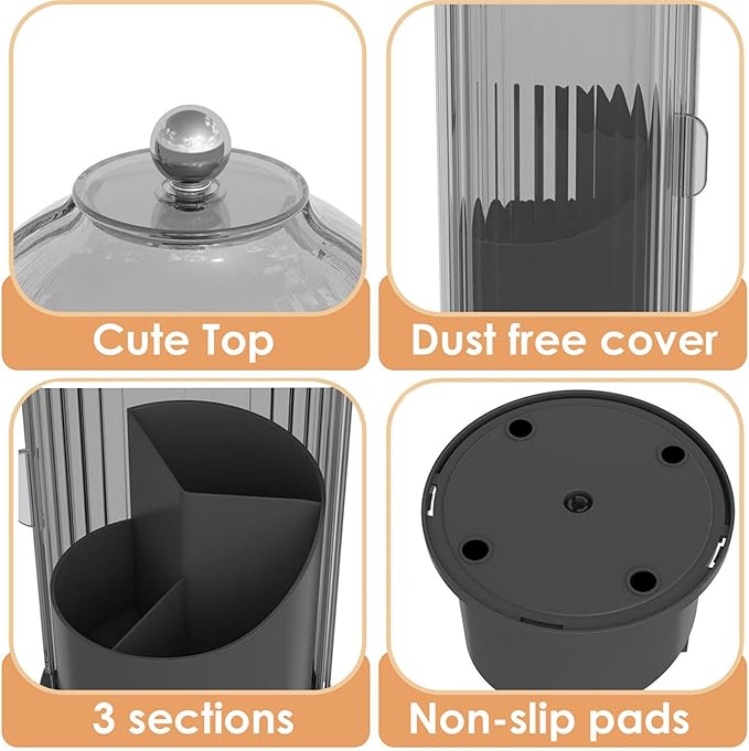 Makeup Brush Holder with Lid 360 Rotating Clear Dustproof Make Up Organizers for Vanity Bathroom Countertop, Black