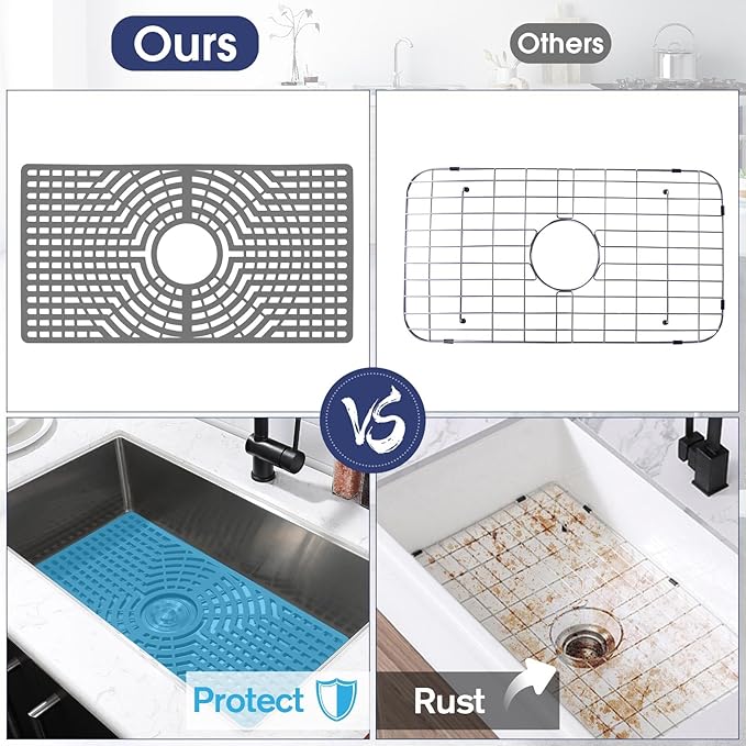 Silicone Sink Protector 30"x16" Center Drain Hole, Heat Resistant Non-slip Dishwasher Suitable, Large Sink Mat for Bottom of Farmhouse Kitchen Stainless Steel Sinks (Grey)