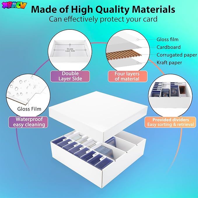 Trading Card Storage Box, 4 Row 3200 Count Collector Cards Box with Divider, White Corrugated Cardboard Compatible with Top Loader Organizer Sorting Tray Box for Sports Cards, MTG, TCG Cards (5-Pack)