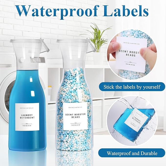 Laundry Detergent Dispenser Bottle 40oz with Waterproof Label for Laundry Detergent Soap Fabric Softener Bleach Scent Booster Beads, Sturdy PET Bottle for Laundry Room Decor 2 Pack White