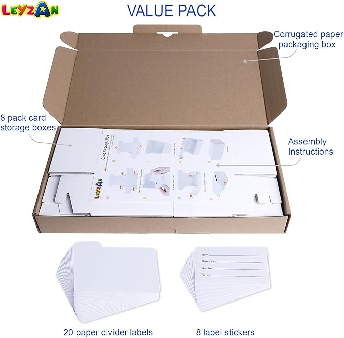 Trading-Card Storage Box, 8-Pack • 1000 Count Corrugated Cardboard Storage Box with dividers & labels for TCG/Magic/Mtg storage and Collection, 14.4 INCH Horizontal