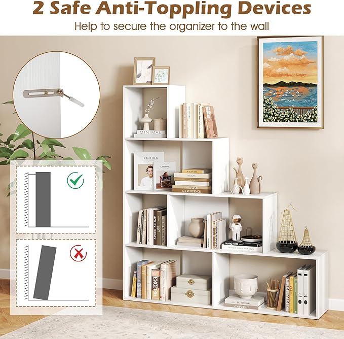 Tangkula 4-Tier Stepped Bookshelf, Freestanding 6 Cubes Ladder Bookcase with Anti-Tipping Kits, 64" Tall Modern Wooden Storage Display Rack for Home Office Living Room Study (2, White)