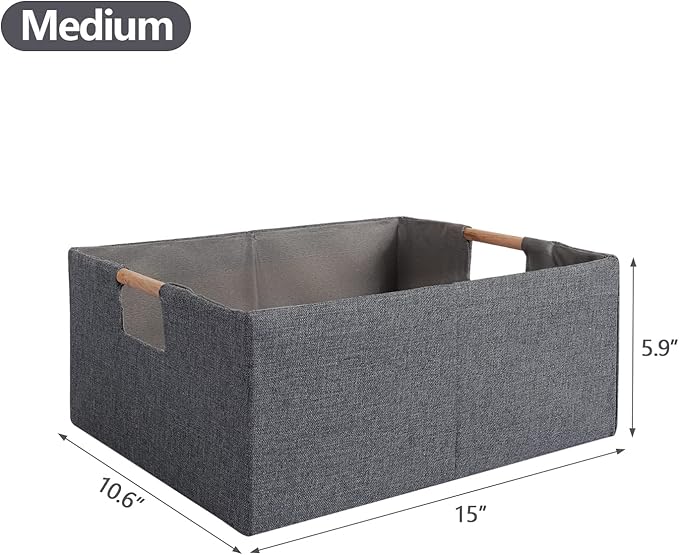 Fabric Storage Bin 3 Pack Foldable Cotton Linen Storage Basket with Wooden Handles Rectangular Cube Box - Gray, Medium
