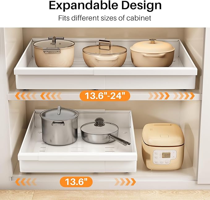 Pull out Cabinet Organizer, 2-Pack Expandable(13.6"-24") Silde out Drawers with Raising Pad for Framed Cabinets, Adjustable Full-Extension Adhesive Roll out Shelves for Kitchen Pantry Home Pot and Pan