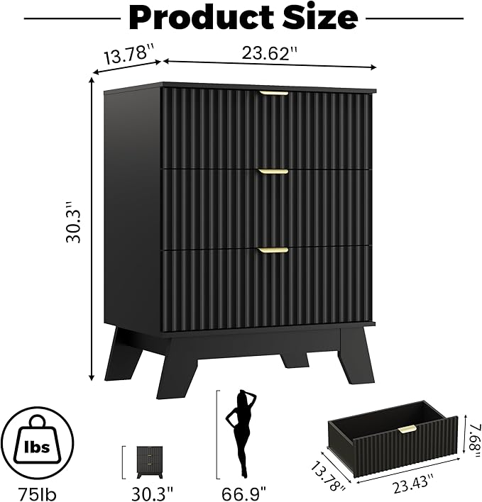 Night Stand Set 2, Bedside Table & End Table, Mid Century Modern Fluted Wood Nightstand with 3 Drawers & Metal Handles, Farmhouse Nightstand for Bedroom, Black