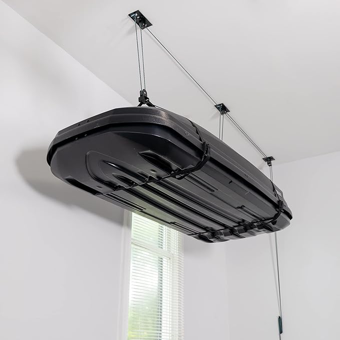 Teal Triangle Ceiling Storage Hoist for Cargo Box - Heavy Duty Garage Storage Lift - Garage Pulley Lift System Holds 150 lbs and Fits 8-10 ft Tall Garage Ceilings