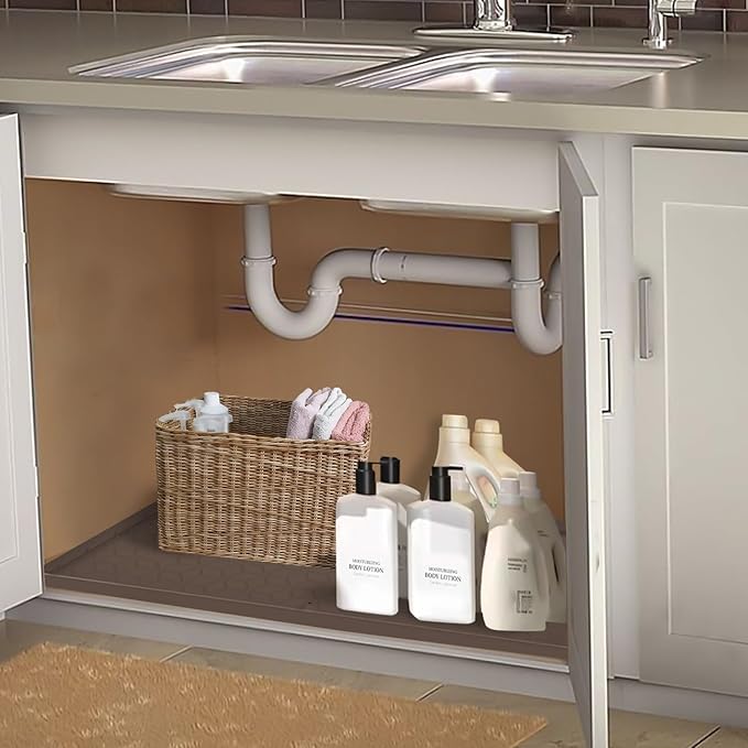 Under Sink Mat for Kitchen, Silicone Waterproof Liner with Drain Hole, Flexible Cabinet Organizer Tray, Holds Up to 3.3 Gallons, Easy to Clean (Brown, 34x22)