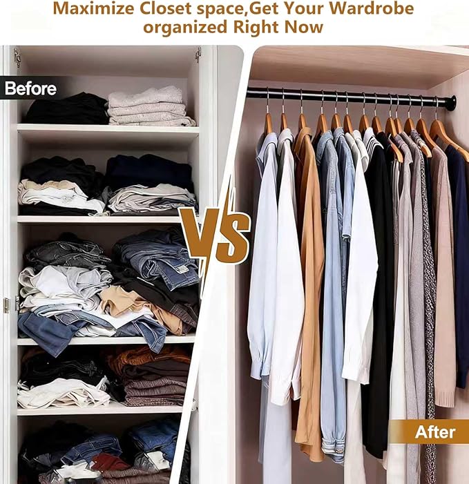 Closet Rods for Hanging Clothes, 16.5 to 74 Inches Adjustable Metal Closet Rod, Heavy Duty Clothes Hanging Rod for Closet Wardrobes Laundry