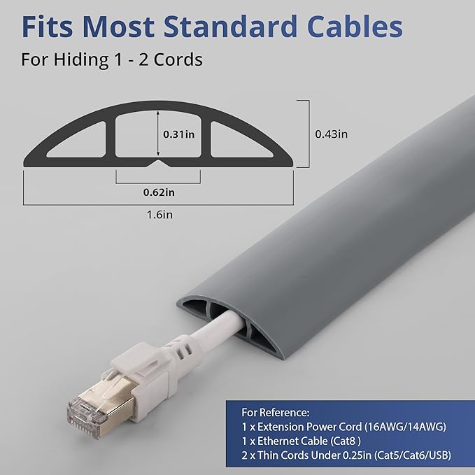 ZhiYo 3.6ft Cord Covers for Wires on Floor, Gray Cord Hider Floor Hide Extension Cords, Soft PVC Cable Cover Cable Protector, Wire Cavity W0.62in H0.31in, Grey