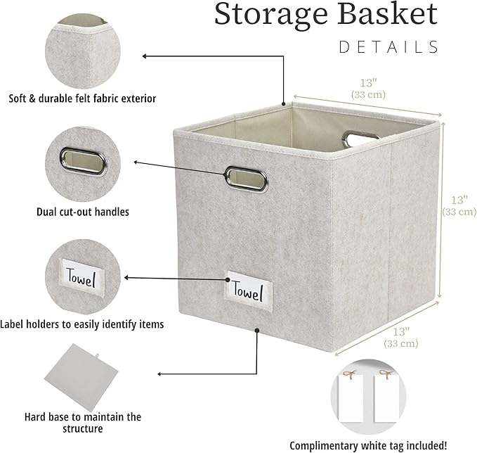 DECOMOMO Felt Storage Bins, 13 inch Cube Storage Bins with Labels for Organization (Cube 13" / 6pcs, Beige)