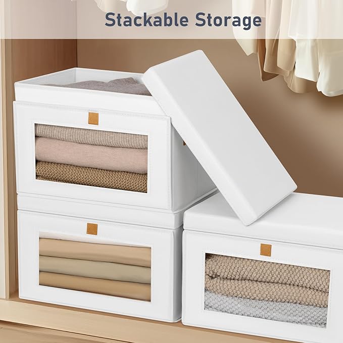 DIMJ Storage Bins with Lids - 4 Pack Large Fabric Closet Organizer with Window & Handles, Collapsible Decorative Storage Boxes for Shelves Under Bed, Books Clothes Blankets Sweaters Organization