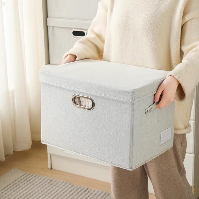 PRANDOM Collapsible Storage Bin with Lid [3-Pack] Fabric Foldable Storage Box Organizer Container Basket Cube with Cover for Home Bedroom Closet Office Beige(15.3x10x9.7)