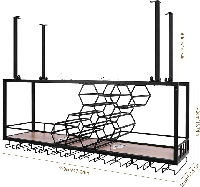 Metal Hanging Wine Rack Hanging Organizer Ceiling Bar Wine Glass Rack with Glass Holder and Shelf Multi Functionl Wine Bottle Holder Organizer, for Bar Cafe Kitchen