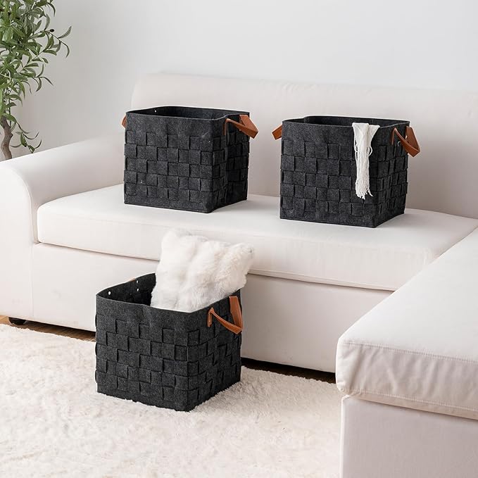 Storage Basket 3 Pack, 13" x13" x13 " Large Blanket Baskets with Leather Handle, Cube Felt Fabric Storage Box for Shelves, Bedroom, Nursery, Living Room - Dark grey