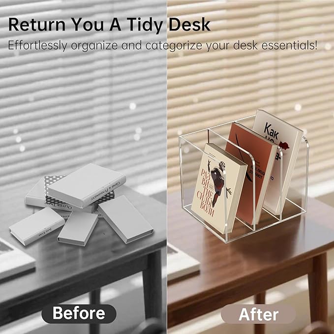 Acrylic Desk Organizer Book Organizer, Magazine File Holder, Vertical File Organizer Stand File Folder Holder, Mail Organizer Countertop Mail Sorter File Sorter, Clear Book Ends Book Holder