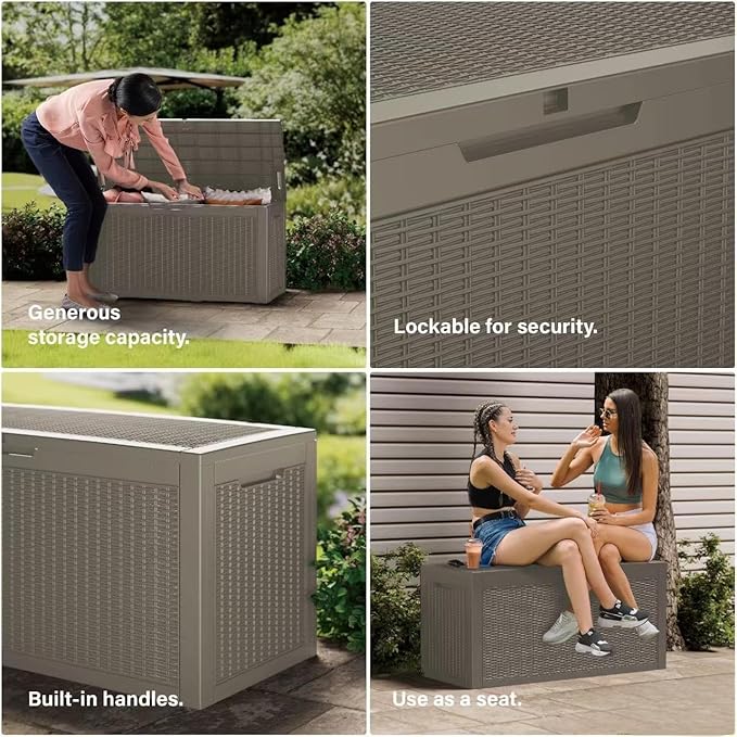 180 Gallon Resin Deck Box, Waterproof Outdoor Storage Box for Patio Furniture, Garden Tools, and Pool Accessories, Lockable UV-Resistant Storage Bin Bench Cabinet for Outside, Grey