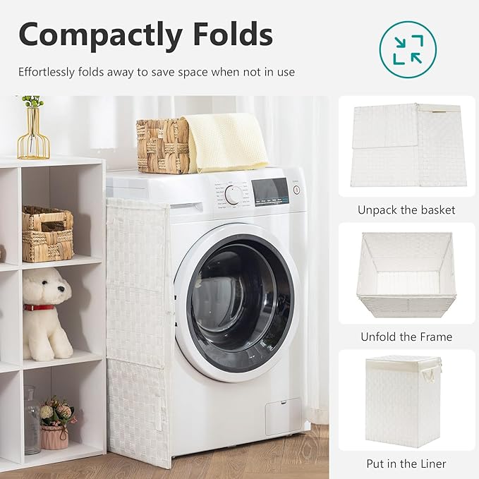 Foldable Laundry Hamper Basket with Lid by Fiona's magic, Handwoven 96L Large Clothes Hamper with Removable Liner Bags, Collapsible Tall Hamper for Bedroom, Bathroom and Dorm Organizer, 2Pack, White