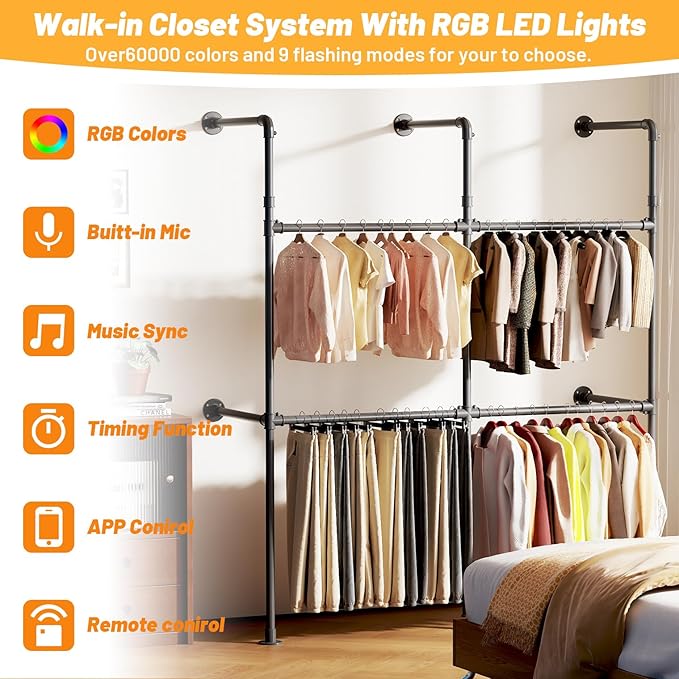 Industrial Pipe Clothing Rack, Reversible 79.7” Clothes Rack for Hanging Clothes with LED Lights, Black Wall Clothing Rack Wall Mounted Rack for Walk-in Closet, Laundry Room or Retail Display