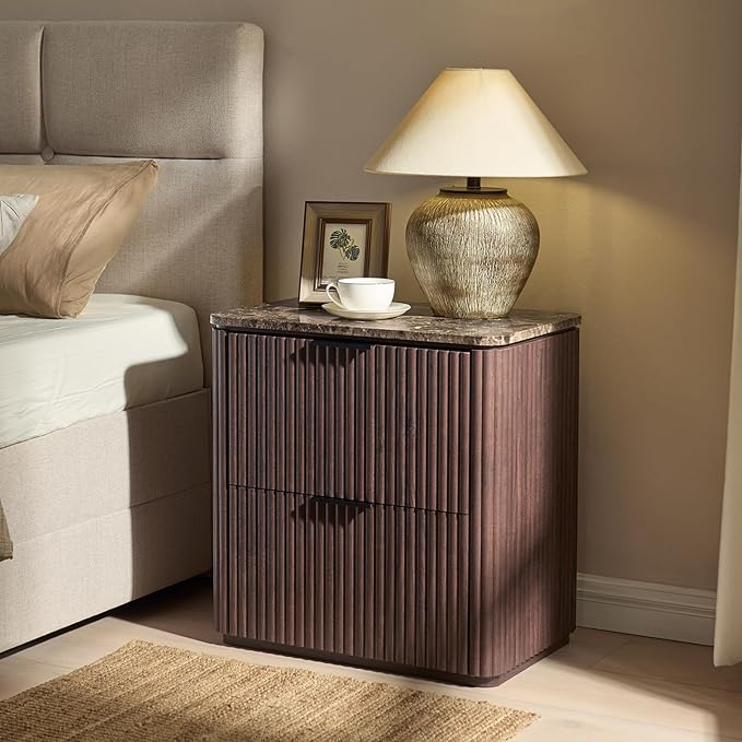 Fluted Nightstand Set of 2, Bedside Table with 2 Drawers, Engineered Wood End Table with Faux Marble-Top, Curved Corners, Metal Handle, Modern Night Stand for Bedroom, Small Spaces, Dark Oak