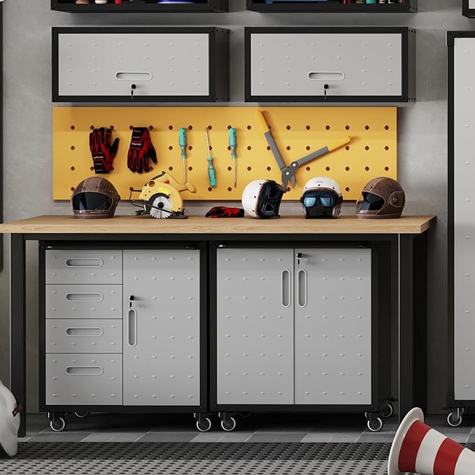 Wall Cabinet, Wall Mounted Cabinet with Lock and Adjustable Shelf for Garage, Tool Room, Kitchen, Assembly Required(Black and Gray)