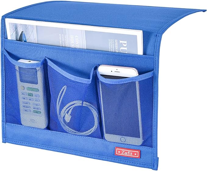 Bedside Storage Organizer - Table Cabinet Organizer Caddy for Remotes, Phone, Glasses (Classic 4 Pockets - Blue)