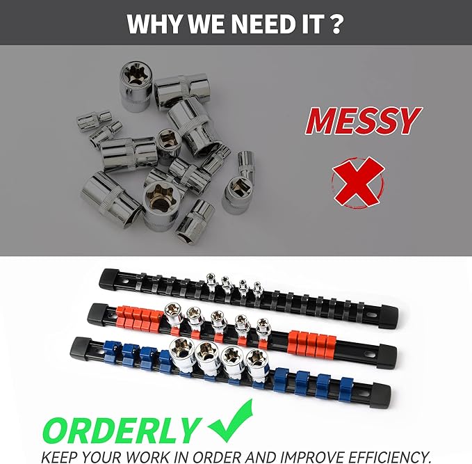 Socket Organizer Drive ABS Tools - Black Socket Holder, Premium Quality 9 Pieces Socket Holders Kit 1/4-Inch x 48 Clips, 3/8-Inch x 45 Clips, 1/2-Inch x 36 Clips（9PC,Black