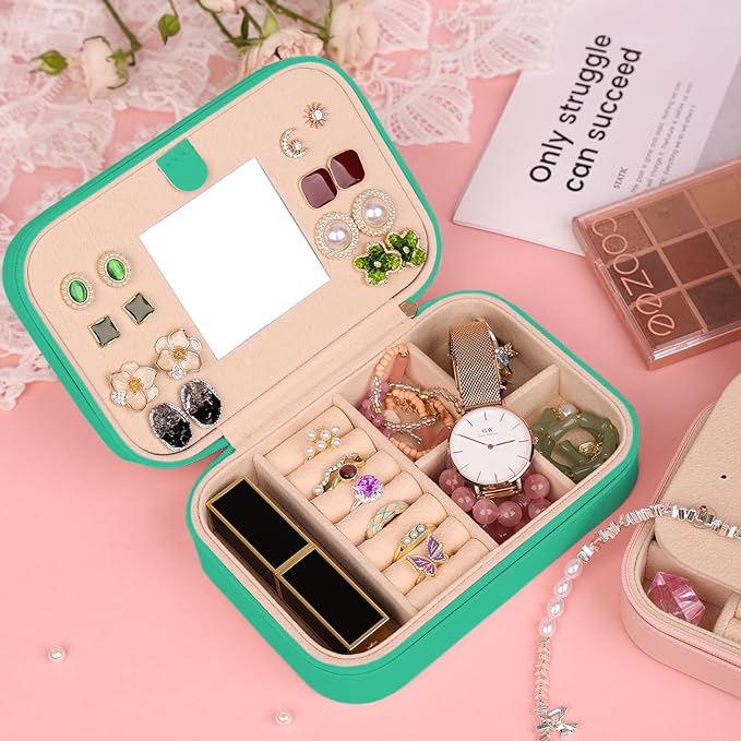 TopPerfekt Travel Jewelry Case, Jewelry Box with Mirror, Jewelry Organizer Bridal Shower Gifts to Her, Earring Storage Travel Case, Trendy Gift for Women and Girls, Girlfriend-Pure Green