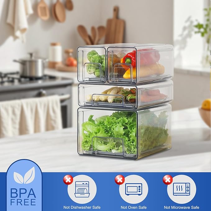 Plastic Clear Fridge Storage Organizer with Drawers & Drainer - Stackable Bins for Kitchen Fruit & Veggie Organization (2PCS, Small)