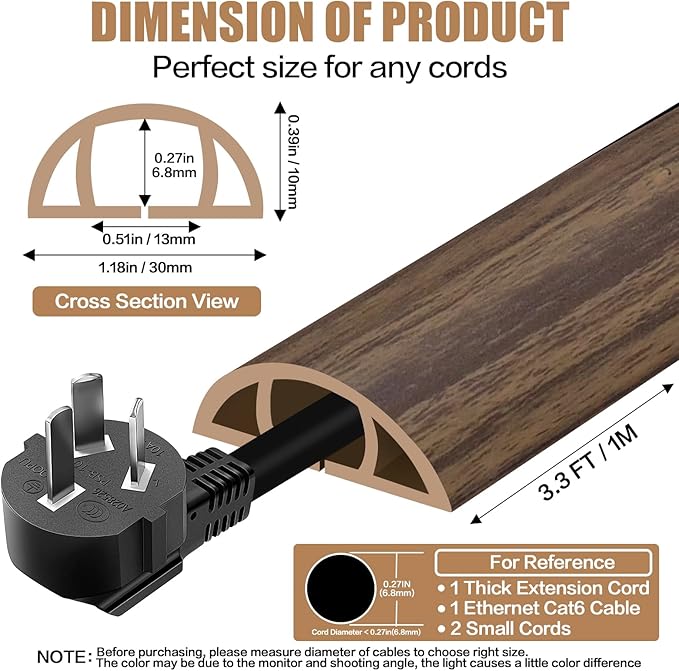 Floor Cord Cover Self Adhesive Cord Hider,3.3FT Cable Management, Extension Strip Protector for Wires, Prevent Cable Trips for Offices, Gyms, Exhibitions Cavity:0.39"(W) x 0.27"(H) Wood Walnut