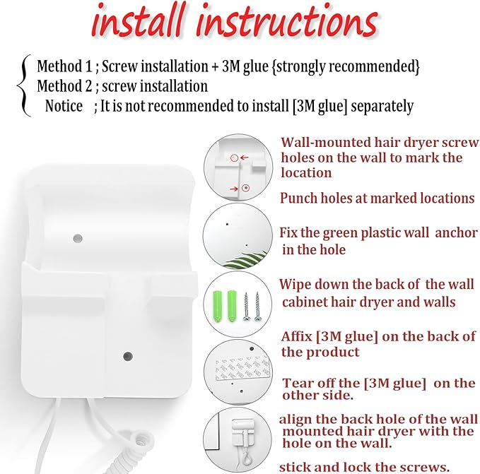 Hotel Wall Mounted Hair Dryer for Bathroom,Restroom Professional Blow Dryer,with Stand Rack,Specialised Motor for Salon,Fast Drying - Gifts【Massage Comb, Screws+ Adhesive】 110V