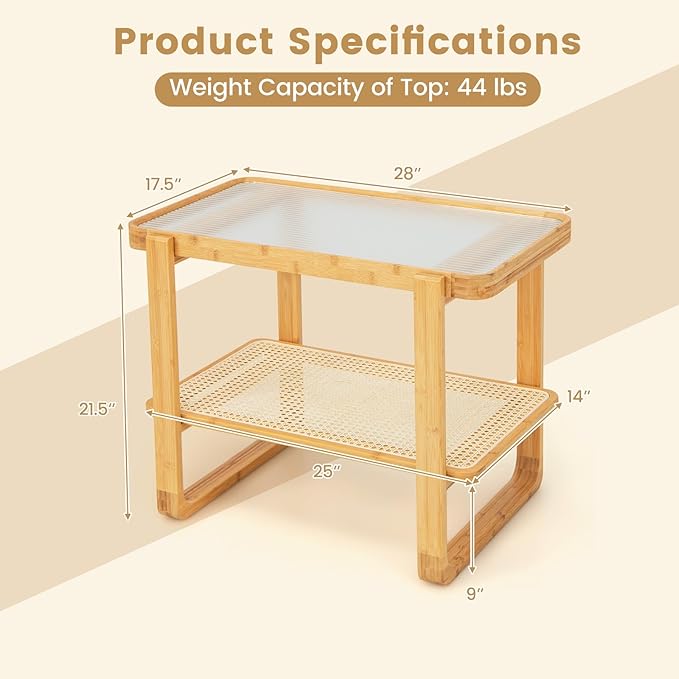 GOFLAME Bamboo Side Table with Glass Top, 2-Tier End Table with PE Rattan Storage Shelf, Home Sofa Side Table, Nightstand Bedside Table, Compact Coffee Table, Accent Table for Bedroom Living Room