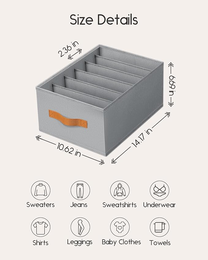 Closet Organizers and Storage - Fabric Clothes Organizer with Handles, Foldable Jeans Organizer for Clothes, Drawer Organizer for Shirts, Bra, Sweater, Scarf, 8 Pack, Grey
