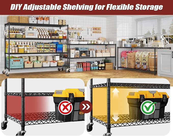 PrimeZone 60" W x 24" D x 76" H Heavy Duty Wire Storage Shelves with Wheels, 4 Tier Adjustable NSF Certified Garage Shelving Unit, Rolling Metal Organizer Shelf Utility Rack for Warehouse, Pantry
